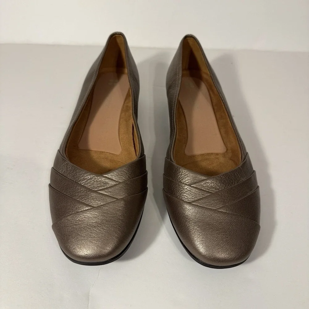 Naturalizer Jaye Women 11WW Pewter Metallic Leather Pleated Ballet‎ Flats Shoes